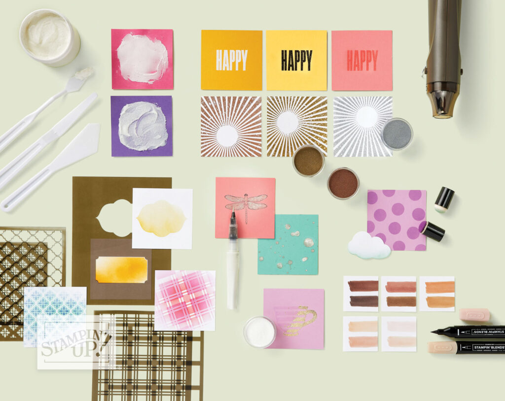 Assortment of stamping techniques and tools including embossing paste samples, heat embossed designs, ink blending, stenciling, watercolour swatches, and coloring with Stampin’ Blends markers. Various supplies such as palette knives, embossing powders, heat tool, stencils, and a water brush are laid out on a light background
