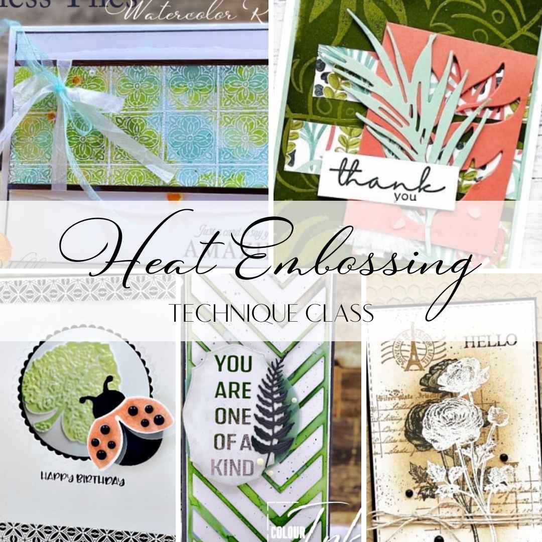 "Handmade cards from the Heat Embossing Technique Class featuring layered embossing, resist techniques, metallic finishes, and textured effects."