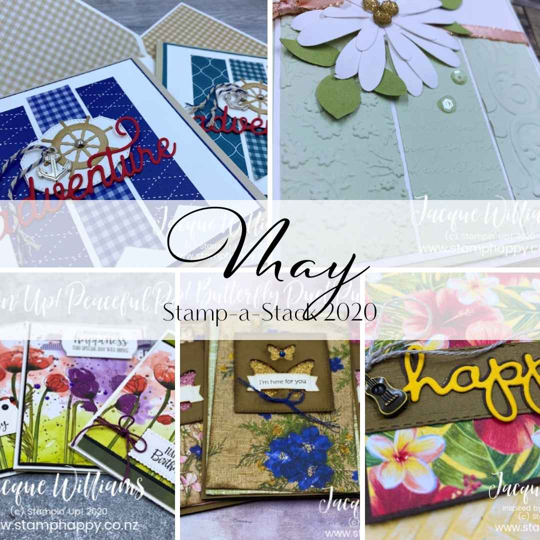 "Handmade cards from the May Stamp-a-Stack online class featuring floral, nautical, and textured designs using various stamping and layering techniques."